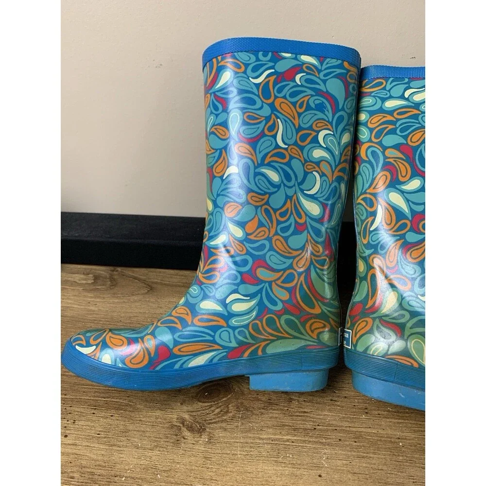 🌻2 for $20🌻 LL Bean Wellie Rain Boots Kids Blue Paisley Girls Size 6 Outdoor